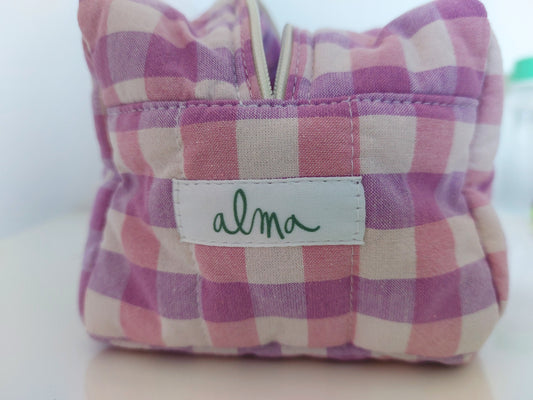 Trousse de toilette matelassée Vichy rose et violet upcyclée